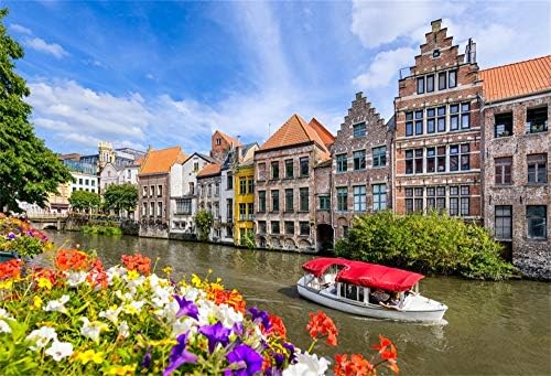 AOFOTO 7x5ft Belçika Eski Şehir Kanalları Zemin Ortaçağ Ünlü Tarihi Binalar Renkli Evler Antik Gent Şehir Manzara Sokak Nehir
