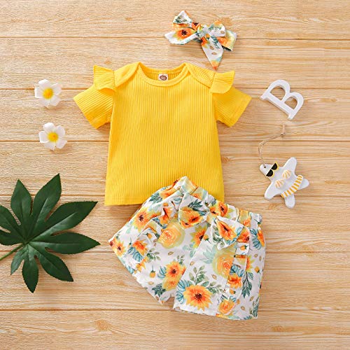 Kızlar Kıyafetler Set 3-4 Yıl Toddler Bebek Kız Ruffles Tops + Çiçek Baskılı Şort + Bantlar Kıyafetler