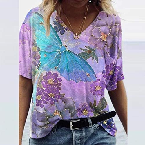 Kadınlar için çiçek grafik tişörtleri kısa kollu V yaka T-Tees degrade renk Casual bluzlar Tops