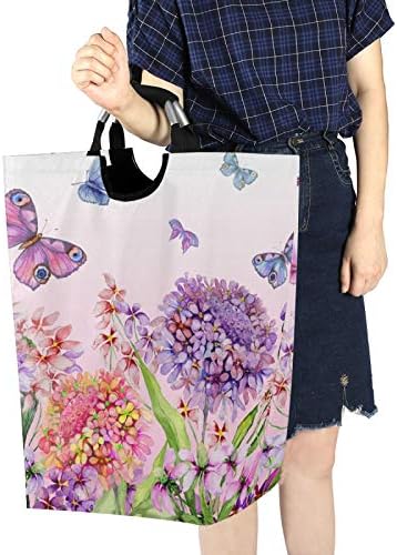 ALAZA Büyük Çamaşır Sepeti Ortanca Çiçekler ve Renkli Kelebekler Çamaşır Torbası Sepet Katlanabilir Oxford Kumaş Kolları ile