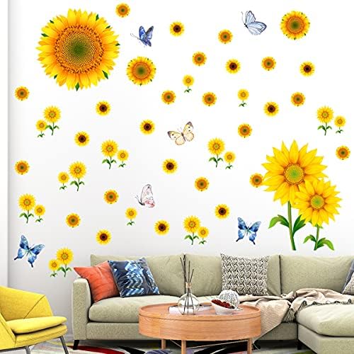 eoorau Ayçiçeği Duvar Çıkartmaları ile Kelebek-56 Parça Çıkartmalar Çıkarılabilir, Su Geçirmez Duvar, Ev ve Oda Dekorasyon