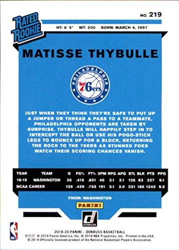 2019-20 Donruss 219 Matisse Thybulle Philadelphia 76ers RC Çaylak NBA Basketbol Ticaret Kartı