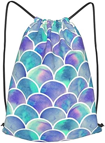 Mermaid Kuyruk Terazi balık pulu Desen Spor ipli sırt çantası Çanta için Kadın Erkek, hafif İpli Çanta Cinch için Seyahat Kamp