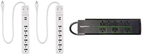 Basics 2 USB Bağlantı Noktalı 6 Çıkışlı Aşırı Gerilim Koruyucu Güç Şeridi-500 Joule, Beyaz, 2'li Paket ve 8 Çıkışlı Güç Şeridi