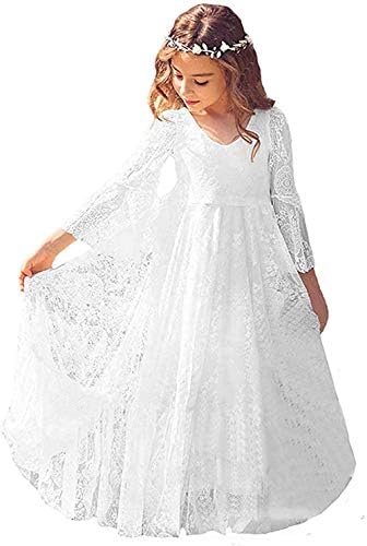 CQDY Çiçek Kız Elbise Dantel Elbise Düğün için Beyaz Fildişi Elbise Uzun Kollu 2-15 T