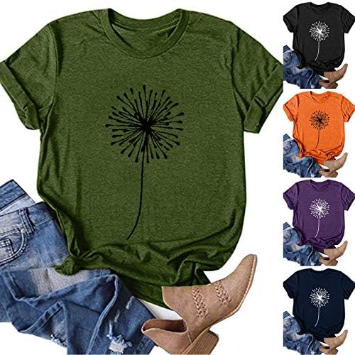 Aıouıos Bayan Yaz Üstleri Egzersiz Rahat Kısa Kollu Bluzlar Düz Renk Tee Gevşek Fit Çiçek baskılı T-Shirt