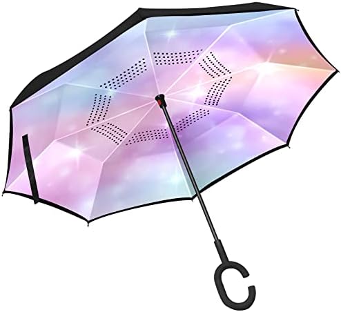 Çift Katmanlı Ters Şemsiye Ters Katlanır Şemsiye ile Araba için C-Şekilli Kolu, rüzgar Geçirmez UV Koruma Fantezi Gökkuşağı