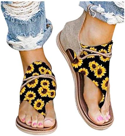 USYFAKGH Geniş Genişlik Sandalet Kadınlar İçin Kadın Yaz Çiçek Baskı Fermuar Ayakkabı Düz Plaj Burnu açık Nefes Sandalet