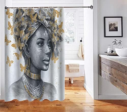 Namdeva Siyah Kız Duş Perdesi, Yağlıboya Lüks Altın Küpe Kolye Tribal Zarif Afro Lady Afrika Amerikan Kadın Banyo Dekor, Su