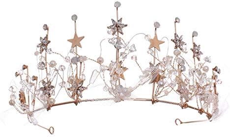 SSMDYLYM Altın Tiaras ve Taçlar Kristal Yıldız Yüksek Diadem Kadınlar Prenses Gelin Headdress Inci Düğün Saç Aksesuarları Iplik