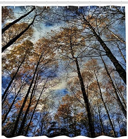Ambesonne Fantasy Duş Perdesi, Gökyüzüne Karşı Ağaç Tepeleri Görkemli Çamlar Korkunç Parlak Doğa Manzarası Sakin Baskı, Kancalı