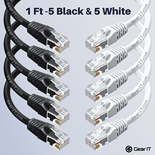 GearİT Cat6 Ethernet Kablosu, 1 Ayak 10'lu Paket (5 Siyah, 5 Beyaz) Saf Bakır Çekirdek, Cat 6 Ağ Yaması İnternet Kablosu, RJ45,