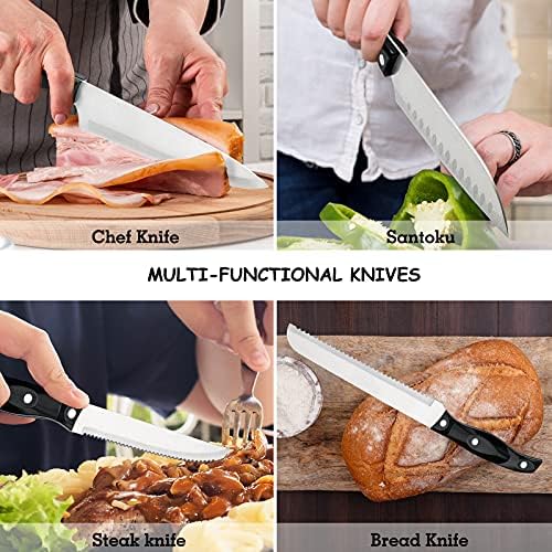 JJYIFAP Bıçak Seti, Ahşap Bıçak Bloğu ile 19 Parça Mutfak Bıçağı Seti, Üçlü Perçinli Yüksek Karbonlu Alman Paslanmaz Çelik
