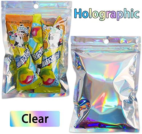 120 Paketi Holografik gökkuşağı Mylar çanta, koku geçirmez ısı yapışmalı kilitli temizle folyo Poches için gıda depolama şeker