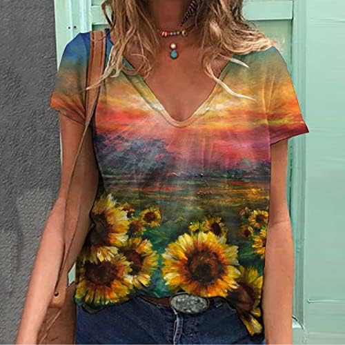 Bayanlar Moda T - Shirt V Yaka Çiçek Baskı Kısa Kollu T-Shirt Üst V Yaka Rahat Gevşek Kazak Bluz Tee Casual Tops
