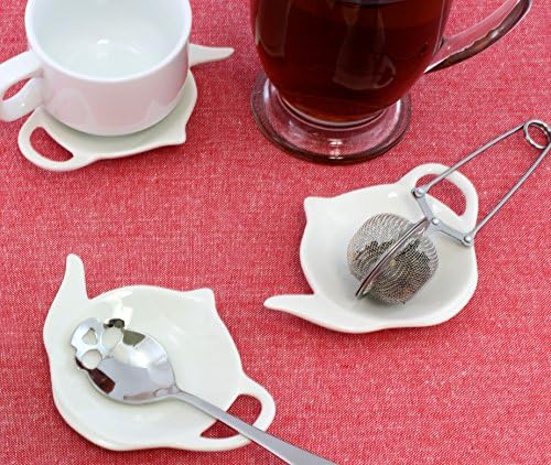Bereket Beyaz Seramik Çay Poşeti Bardak-Kaşık Dayanakları; 4'lü Paket Klasik Çay Poşeti Caddy Tutucu Tabağı Seti