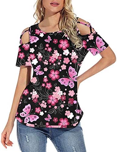 Iusun Kadın Kısa Kollu Üstleri T-Shirt Bluz O-Boyun Seksi Çiçek Baskı Strappy Soğuk Omuz Yaz Rahat Tunik