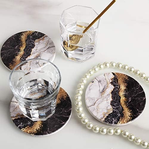 RoomTalks Siyah ve Altın Mermer Bardak Içecekler ıçin Emici 4 ADET Modern Soyut Seramik Coaster Seti Mantar Geri Glitter Sahte
