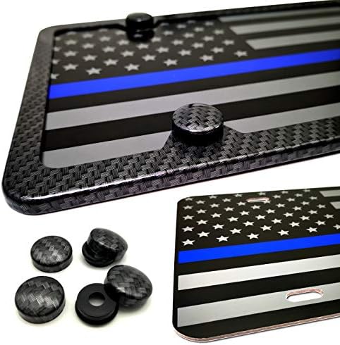 AOOTF Amerikan Bayrağı Plaka-ABD İnce Mavi Çizgi Bayrak Mat Siyah Alüminyum Ön Plaka, Karbon Fiber Plaka Çerçevesi, Paslanmaz