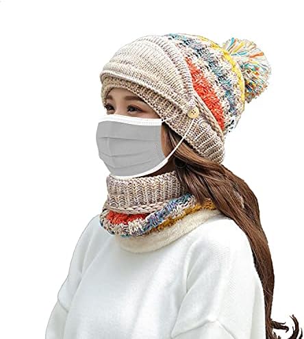 Polar Astarlı Kış Şapka Kadınlar için Örgü Bere Şapka Eşarp Maske Set Sıcak Yumuşak Hımbıl Kafatası Kap ile Pom Pom…