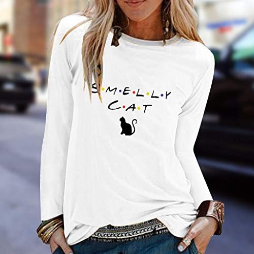 haoricu Womens Koklamak KEDİ Mektup Baskılı T Shirt Genç Kız Yuvarlak Boyun Uzun Kollu Gevşek Bluz Üst Tee