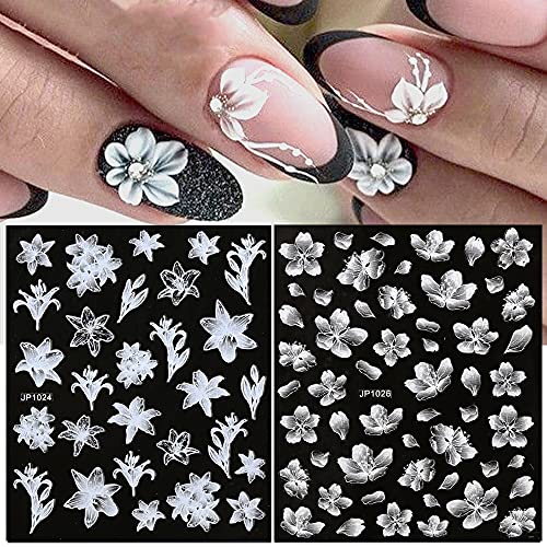 Çiçekler Nail Art Etiketler Çıkartmaları 4 Yaprak 5D Nail Art Malzemeleri Kabartmalı Nail Art Dekorasyon Kademeli Değişim Beyaz