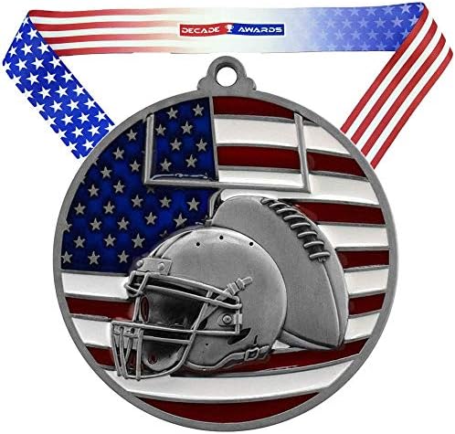 Futbol Vatansever Madalyası-Yıldız ve Çizgili Amerikan Bayrağı V Yaka Kurdele ile 2.75 İnç Genişliğinde Izgara Madalyon-On