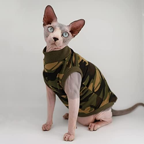Camo Sphynx Kedi Sevimli Nefes Yaz Pamuk T-Shirt Pet Giysi, Yuvarlak Yaka Yeşil Kurbağa Yelek Tüysüz Kedi Yavrusu Gömlek, Kediler