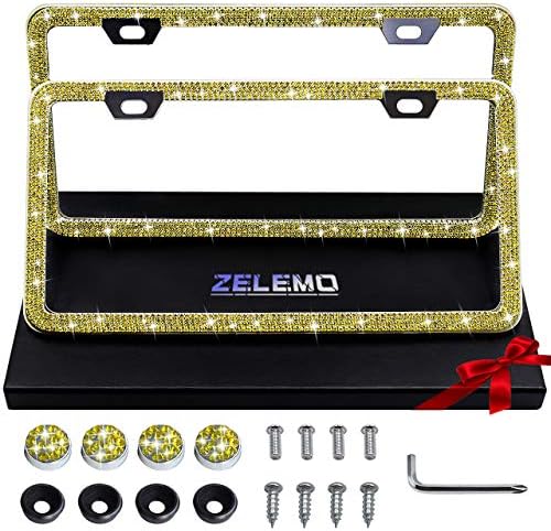 ZELEMO 2 Paket Premium Siyah Bling Rhinestone Plaka Çerçevesi, paslanmaz Çelik Dar Alt Kapak Değil Devlet Adı ve Etiket Bilgileri,