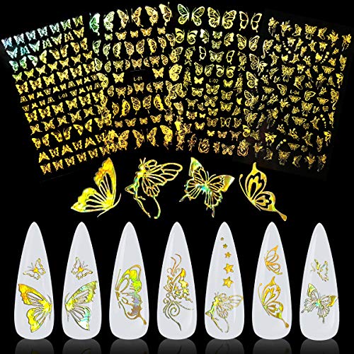 Holografik Kelebek Nail Art Sticker, KİSSBUTY 4 Yaprak Altın Kelebek Tırnak Çıkartmaları Yapışkanlı Lazer Kelebekler Tırnak