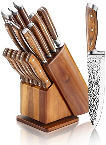Bıçak Seti, Karcu 15 Parçalı Alman Çelik Mutfak Bıçağı Blok Setleri, Kalemtıraşlı, Dönen Akasya Bloğu