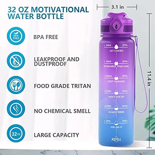 Saman ve Zaman İşaretleyicili MİKAMEE 32 oz Motivasyonel Su Şişesi, Dayanıklı Tritan BPA İçermeyen Fitness Su Sürahisi, Açık
