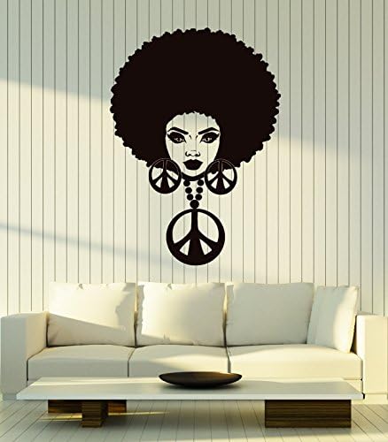 Vinil Duvar Çıkartması Hippi Siyah Lady Barış Burcu Seksi Kadın Saç Çıkartmaları Mural Büyük Dekor (ıg5172) Siyah