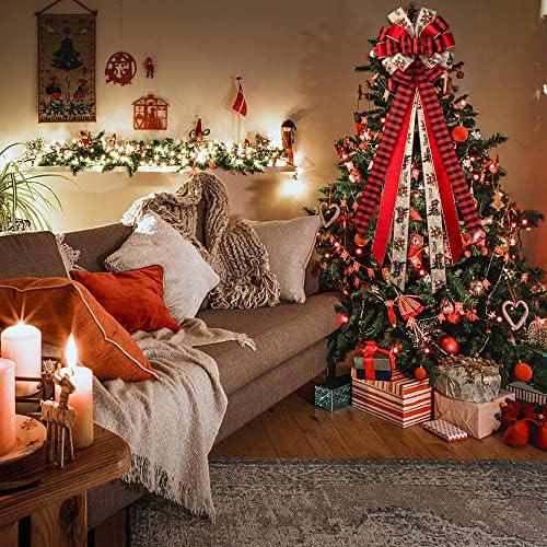 Noel Ağacı Topper Yay, 44 x 13 Büyük Kırmızı Kadife Siyah Kırmızı Buffalo Ekose Yay ile Uzun Flamalar, kış Noel Dekoratif Yay