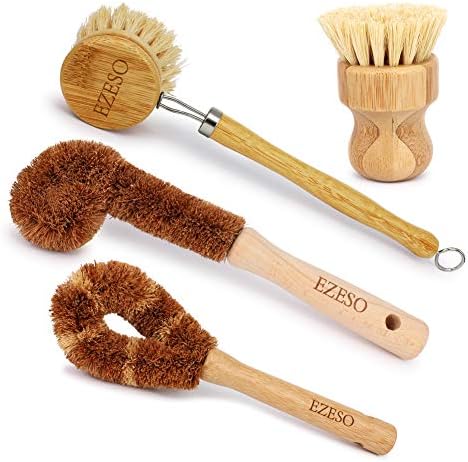 Doğal Mutfak Fırça Bambu Çanak Fırçalayın Fırça, Ezeso Temizleme Fırçası Seti 4 Parça, ahşap Pot Temizleme Fırçası Şişe Fırçası