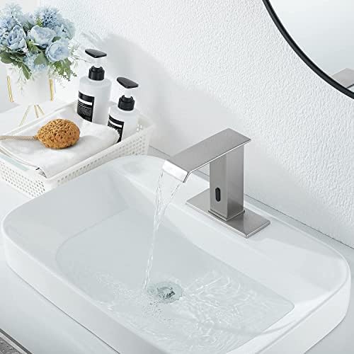 Fırçalanmış Nikel Otomatik Sensör Fotoselli Banyo lavabo bataryası Drenaj Düzeneği ile Vanity Musluklar Eller Serbest Şelale
