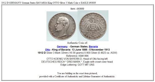 1912 DE 1912 D ALMANYA Alman Devletleri BAVYERA Kralı OTTO AR 3 Mark İyi Sertifikasız