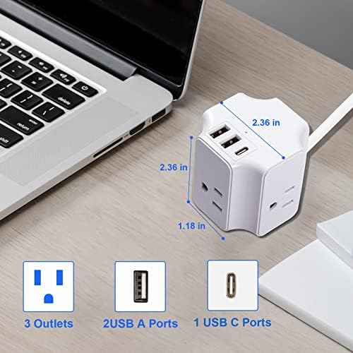 USB Hızlı Şarjlı Güç Şeridi, 3 Geniş Aralıklı Çıkışlı 6 Ft Uzatma Kablosu Güç Şeridi, 2 USB Bağlantı Noktası ve Ev, Yurt, Yolcu