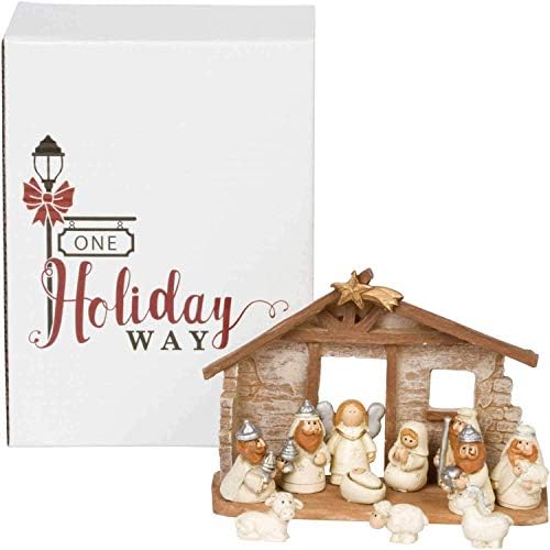Bir Tatil Yolu 6-İnç Minyatür Rustik Beyaz Çocuklar Noel Doğum Sahnesi ile Kreş, 12 Rakamlar Set-Küçük Mini Dekoratif Dini