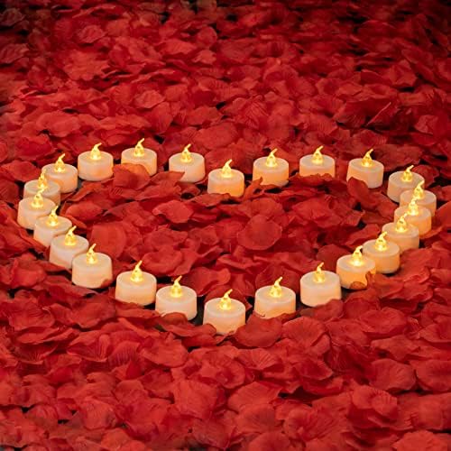 LANKER 24 ADET Titrek Amber Sarı Alevsiz çay ışıkları sevgililer Günü ve Romantik Günler için 500 ADET Kırmızı yapay gül yaprakları