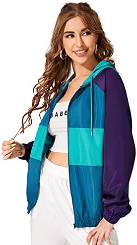 SweatyRocks kadın hafif rüzgarlık Patchwork fermuar spor ceket ceket dış giyim