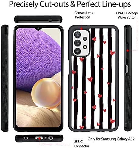 Samsung Galaxy A32 5G Kılıf Kırmızı Kalpler Stripes Tasarım ile Halka Tutucu Kickstand Koruyucu Darbeye İnce Cep Telefonu Tampon