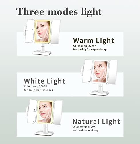 Işıklı COOLOLLY Makyaj Aynası, 1x / 2x / 3x Büyütme 72 LED Üç Katlı Işıklı Ayna 3 Renkli Işıklar, Dokunmatik Kontrol Tasarımı