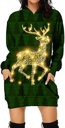 Qunpeng Altın Ren Geyiği Noel Kazak Renk Blok Çizgili Elbise Bayan Uzun Kollu O-Boyun kapüşonlu Sweatshirt Elbise