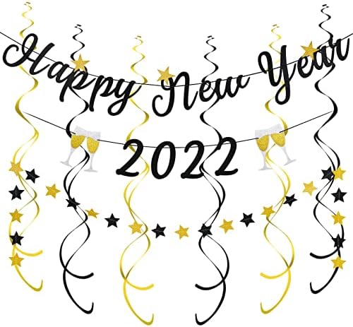 2022 Banner Siyah Glitter ve Glitter Pırıltı Yıldız Çelenk Asılı Kaplı, mutlu Yeni Yıl, Yeni Yıl 2022,2022 Mutlu Yeni Yıl Süsleri,Yeni