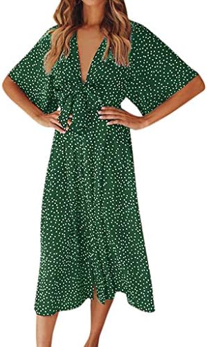 Bayan moda plaj seksi rahat V boyun nokta Bohemia dantel kadar papyon baskı uzun elbise (XL, yeşil)