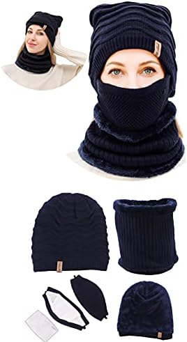 Vıta Culina Unisex Kış Açık Rüzgar Geçirmez 3 adet Örgü Şapka Kafatası Kap, boyun ısıtıcı Eşarp ve Bez Maske (5ply Cep Filtresi)