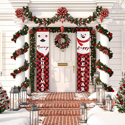 Noel Kapı Sundurma Süslemeleri, Merry Christmas Yeni Yılınız Kutlu Olsun Afiş-Kırmızı Ekose Noel Sundurma İşaretleri Duvar