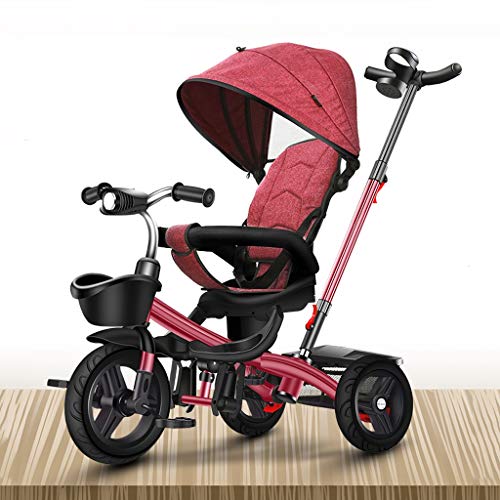 WALJX Üç Tekerlekli Bisiklet, Yürümeye Başlayan Bisiklet Arabası Çocuklar için Akıllı Trike Trike Ebeveyn itme Çubuğu ile Kırmızı