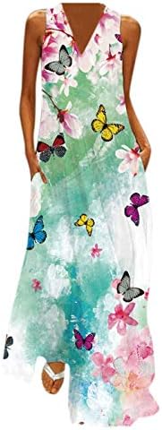 LLULU99 Kadın Elbise Yaz Kelebek Ayçiçeği Baskı Maxi Elbise Renkli Moda Batik V Yaka Kolsuz Artı Boyutu